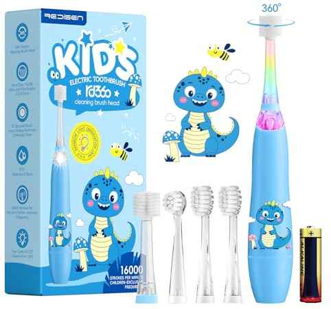Cepillo de Dientes Eléctrico para Niños de 360°, Cepillo Dientes Bebe con Luz LED, 4 Cabezales (1 x 360°) y 1 Pila AAA, Temporizador Inteligente, Impermeable IPX7, Apto para Niños 1-5 Años (Azul)