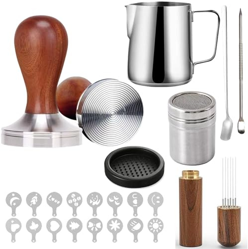 Habwah 23 PCS Coffee Tamper Set, Coffee Accessories Barista Set, with Espresso Tamper 51mm, Espresso Coffee Stirrer, Milk Jug, Tamper Mat, Latte Art Pen and 16 Decorative Stencils (Ripple Base)