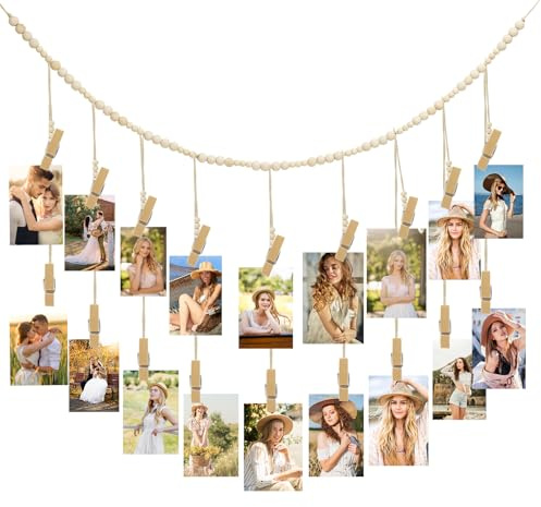 YICH Fotogirande Boho - Parete fotografica con mollette e corda per foto, ghirlanda per foto da appendere senza foratura, con 20 clip, 2 chiodi senza lasciare traccia, 2 ganci, 1 corda di canapa