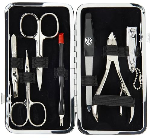 DREI SCHWERTER - Germany Maniküreset 'Sanremo' | Hochwertiges Nagelpflegeset im braunen Kunstlederetui| Inhalt: Nagelschere, Hautschere, Nagelzange, Pinzette, Saphirnagelfeile und vieles mehr!