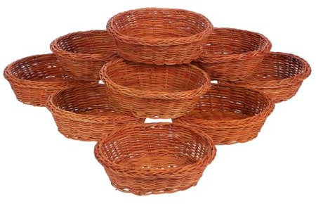 Garneck Lot de 10 Paniers Ovales Tressés en Rotin Naturel, Corbeilles à Pain Empilables pour Fruits, Snacks et Collations, Cuisine, Service à Table, Marron