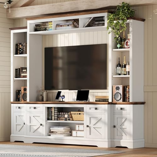 AMERLIFE 98 Farmhouse Wall Unit Entertainment Center with Bookshelves, Wine Cabinet, Fits 75 TVs, Rustic Media Console for Living Room, Large TV Stand with Power Outlets & Barn Door, Off-White