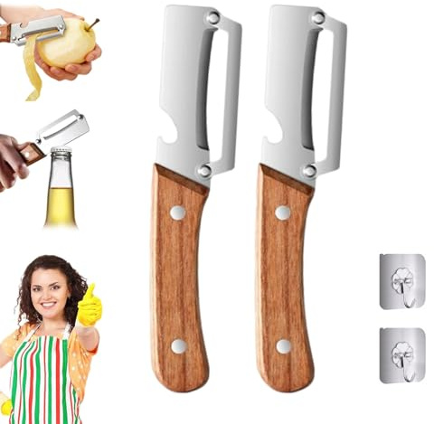 Pelador de verduras multifuncional, pelador de acero inoxidable con mango de madera ergonómico, pelador de frutas y patatas con abridor de botellas integrado, cuchilla afilada para verduras (2)