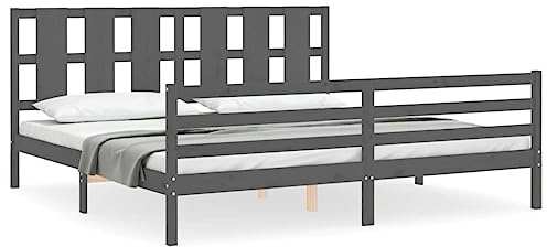 Foknhdi Massivholzbett Kiefer 200x200 cm grau mit Kopf-/Fußteil, Bettgestell für 2 Matratzen, modern, langlebig