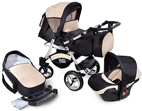 GaGaDumi Urbano 3 in 1 Kombikinderwagen Kinderwagen mit Autositz Komplettset incl Babyschale Buggy Wickeltasche Regenschutz Moskitonetz Voll-Gummireifen Beige/Schwarz