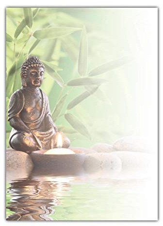 Wellness Motiv Briefpapier (MPA-5218, DIN A4, 100 Blatt) Motivpapier Feng Shui Buddha mit Bambus, Steinen und brennender Kerze am Wasser