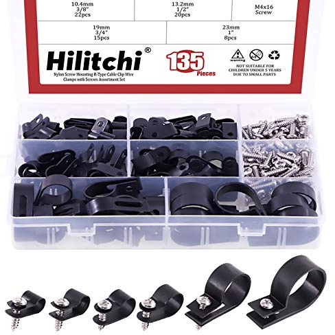 Hilitchi Kabelschellen aus Kunststoff, R-Typ, Schraubbefestigung, Kabelclips, Sortiment-Set mit Schrauben für Kabel-Management, Kabelkanal (Clips von 6 mm bis 23 mm), Schwarz, 135 Stück