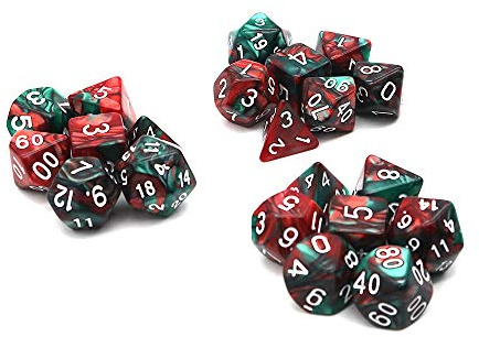 DollaTek Polyhedral Dice Set bordsspel tärning 3 uppsättningar tärningar 3 x 7 (21 stycken) tärningsserie D20 D12 D10 D8 D6 D4 DND tärning DND RPG MTG dubbelfärger ett stycke (röd och grön)
