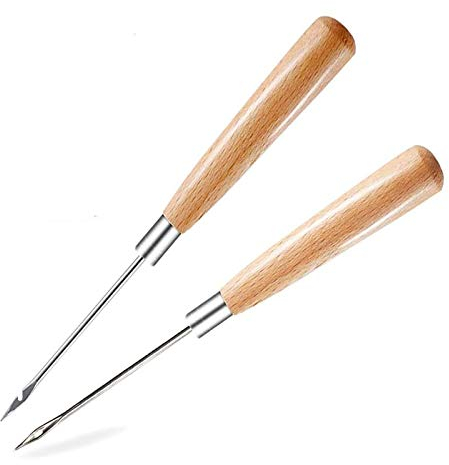 2 Stück Ahle, Leder Werkzeug Loch Ahle, nähahle, Leder Nähen Werkzeug, spicknadel für fleisch mit Holzgriff für Leder-Näh- und Stanzwerkzeug zum Selbermachen Punching DIY Tool
