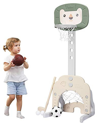 COSTWAY Canasta de Baloncesto para Niño Altura Ajustable con Portería de Fútbol y Golf Juguete para Interior y Exterior (Beige)