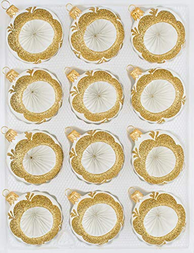 Christbaumkugeln-24.de 12 TLG. Glas-Weihnachtskugeln Set in 'Vintage Classic Weiss Gold' - Reflektorkugeln - Reflexkugeln - Reflector Ball