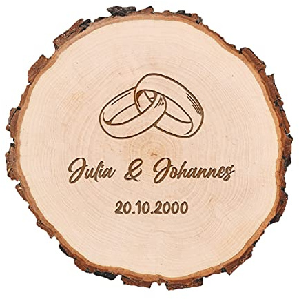 polar-effekt Scheibe aus Erlenholz mit Wunschgravur personalisiert - Hochzeitsgeschenk - Holzkreis mit Jahresringe - Veganes Naturprodukt unbehandelt - Motiv Ringe