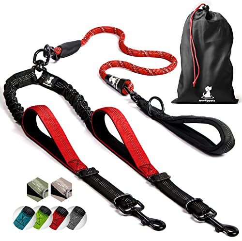 SparklyPets - Laisse Double à Corde élastique pour 2 Chiens de Petite et Grande Taille - Anti-Traction pour l’Absorption des Chocs, Laisse antidérapante à Bandes réfléchissantes pour l’extérieur