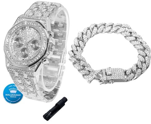 Halukakah Diamanten Gold Uhr für Jungen,Teenager - Platin Platiniert,40mm Achteckiges Zifferblatt mit Römischen Zahlen,Japanisches Quarzwerk - 20cm Länge,mit 18cm Cuban-Kette & Anpassungswerkzeug