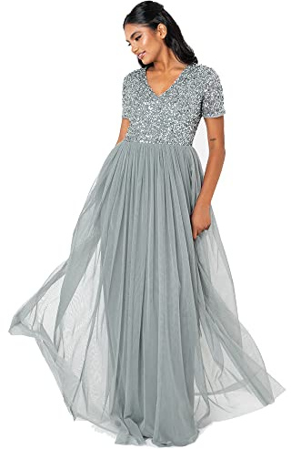Maya Deluxe Abendkleid mit Pailletten Cocktailkleid Damen mit V-Ausschnitt Tüllkleid