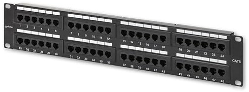 MANHATTAN Panneau de brassage réseau 48 ports Cat-6 - 2U certifié UL - Support mural en rack - Barre de gestion des câbles - Matériel de montage en rack - Contacts plaqués or de qualité d'installation