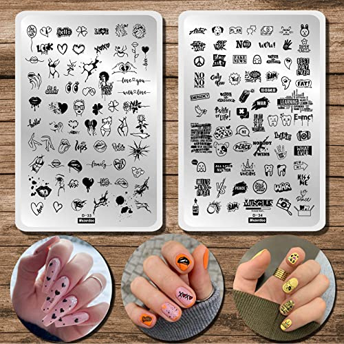 2 Stück Stamping Schablone Herz Buchstaben Stempel Nageldesign Set,French Nails Stempel Lippen Blume Tiere Muster Nagel Stamp,14.5 * 9.5cm Nagelschablonen Stamping für Frauen und Mädchen