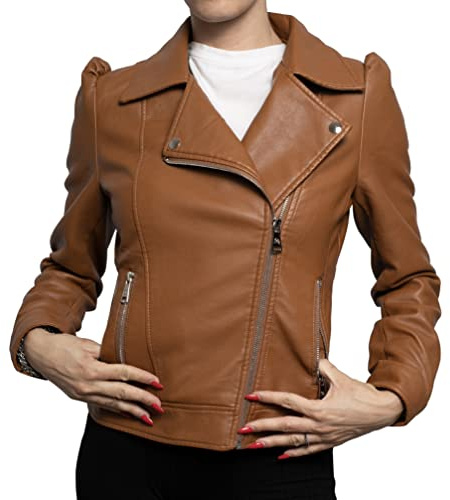 QUEEN HELENA Y3006 Y3006 Veste en similicuir cloutée pour femme, marron, L