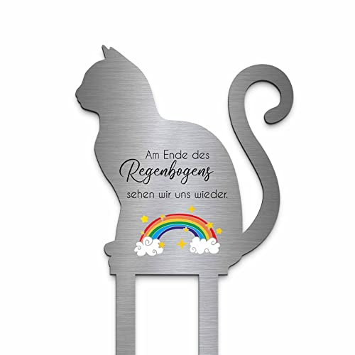 CHRISCK design Edelstahl Grabstecker Katzenfigur - Blumenstecker - Gartenstecker Katze | Personalisiert, wetterfest | Tiergrab Katzengrab Deko | Katzenandenken