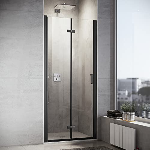 SONNI Porte de douche 80 x 195 cm - Noir - Porte pliante - Verre de sécurité ESG de 6 mm - Revêtement nano - Pliable