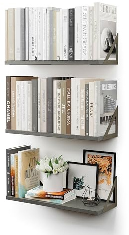 CASSA TOKO Wandmontierte schwebende Bücherregale für die Wand, 3er-Set, Regal Bücherregal für Schlafzimmer Wohnzimmer Büro Badezimmer Küche Rustikales Holz mit Metallhalterung (grau)