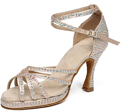 JUODVMP Scarpe da Ballo Latino Donna con Strass Nudo Scarpe da Ballo da Sala Salsa Bachata Tacco da 7.5cm,36EU