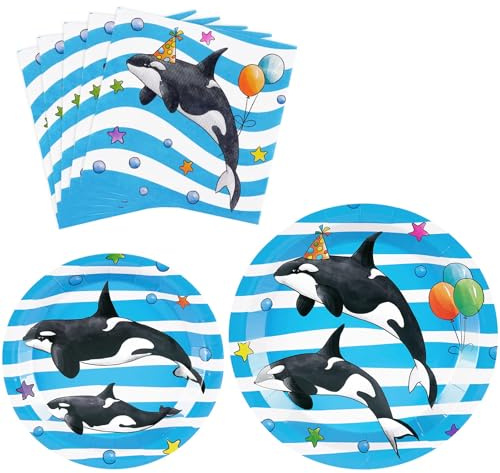 WERNNSAI Assiettes et Serviettes de Fête Orca- 48 PCS d'accessoires de Fête D'anniversaire Orca pour Garçons Décorations Sur Le Thème de L'océan Bleu Service de Table pour 16 Invités