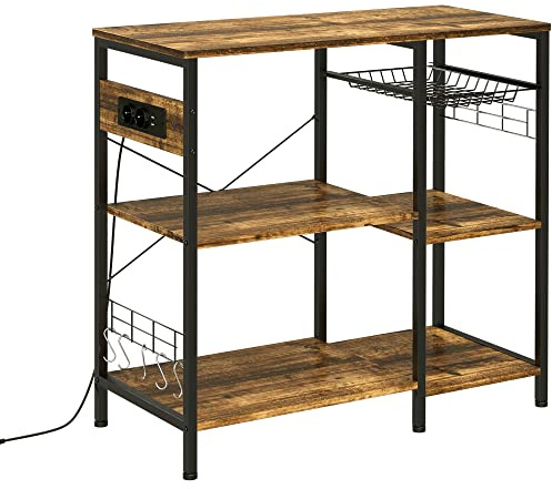 HOMCOM Mobile da Cucina con Presa di Corrente 90x40x83cm Marrone Rustico | 3 Ripiani in Truciolato, Porta USB, Cestino Estraibile in Metallo