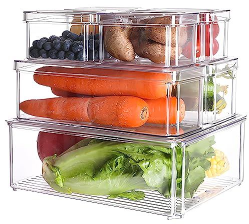 CECOMBINE Fridge Organisers Set of 7, Stackable Storage Containers with Lids, Clear Plastic Bins Food Boxes for Fruits, Vegetable, Meat, Freezer, Pantry, Cupboard, Kitchen