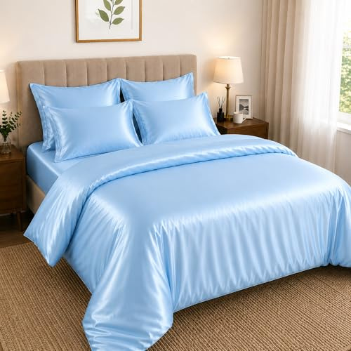 Hadi London Satin Silk 6 Piece Complete Bedding Set with Silky Deep Fitted Sheet Reversible Duvet Cover Comforter & 4 Pillowcases for Single Double King Super King Size Bed (Sky-Blue, Double)
