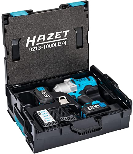 HAZET, Akku-Schlagschrauber, 9213-1000LB/4, Werkzeug zum Lösen und Festziehen von Komponenten, einfach, flexibel, 4-teiliges Set in L-Boxx, max. Drehmoment 1400 Nm, Winkel 20 mm