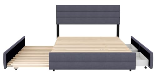 KecDuey 140 x 200cm Doppelbett,Polsterbett,ausziehbares Bett 90 x 190cm, Plattformbett mit Räummaschine für Zwei Personen und Zwei Schubladen (Grau)
