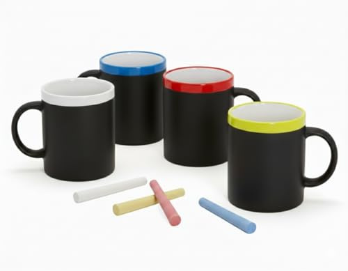 Pack 4 Tazas de Cerámica con Pizarra y Tizas para Escribir Mensajes | Tazas de Café o Té para Familia, Niños o Amigos - Regalo Divertido Perfecto para Dibujar