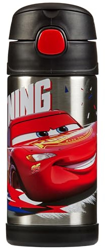 Thermos - Disney Cars Water Bottle (355ml) - BPA Free, Stainless Steel, Spill Proof, Pop-Up Straw, Disney Kids Flask with Personalised Name Labels & Carry Handle for 12-Hour Cold Drinks