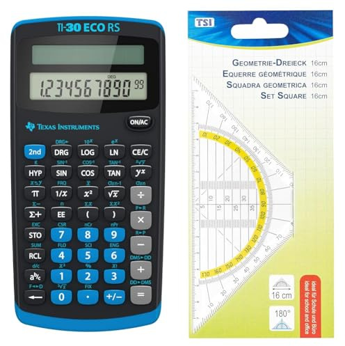 Texas Instruments TI-30 ECO RS Schulrechner, Technisch-Wissenschaftlich (Einzeiliges 10-stelliges Display, Solarbetrieb) Schwarz & TSI Geodreieck 16 cm, transparent, Art. Nr. 46302