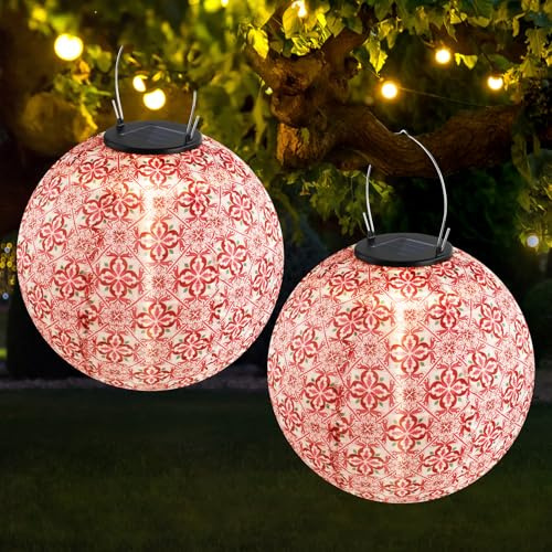 HOVCEH Lampions Led Solar, 2 Stück 25cm Retro Solarlaterne Hängende, Nylon Garten Laterne, Lampions Außen WetterfestGartenlaterne für Draußen, Lampions Led Bunt für Garten, Hof, Terrasse, Hochzeit