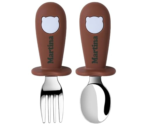 TYRY.HU Lot de Couverts Nom Personnalisé Enfants Fourchettes Cuillères Set 2 Pièces Apprendre à Utiliser les Bebe Poignée Fournitures pour le sevrage BabyLed