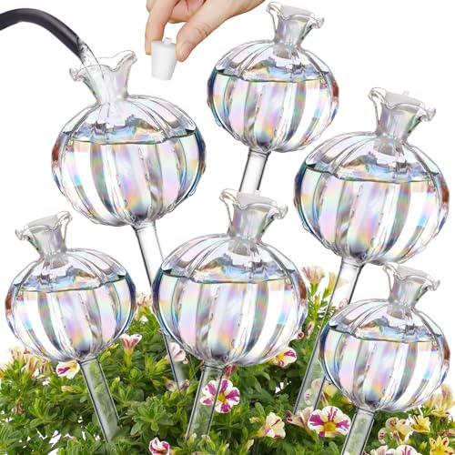 NiHome Bewässerungskugeln Glas, Wasserspender Pflanzen Urlaub, Regenbogen | Regenbogen-beschichtete Kaktusform mit Selbstbewässerung, hält bis zu 2 Wochen feucht, 3 Große und 3 Mittlere im Set