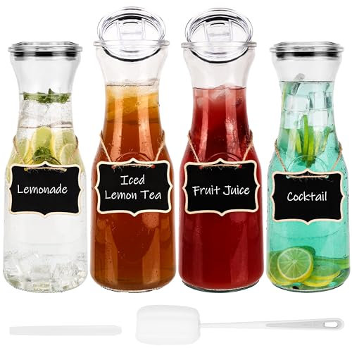 Belle Vous 4 Caraffe di Vetro - Capacità 1,1 L - Caraffa con Coperchio - Brocca per Succhi Acqua Vino e Bevande - Contenitori Trasparenti per Latte Tè Caffè