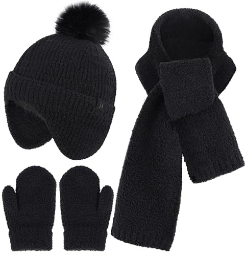 Bequemer Laden Invernale Bambino Cappello con Pon Pon e Paraorecchie Sciarpa Guanti, Termico Berretto Beanie con Fodera in Pile Manopole per 0-4 Bimbo Bambina