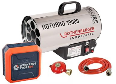 ROTHENBERGER Industrial Gasheizgebläse Gasheizer Heizkanone Heizgerät mit Piezo-Zündung, Schlauch, Regler RoTurbo 19000 | 980° Flammentemperatur | inkl. Bluetooth Lautsprecher bis 30 Std. Betriebszeit