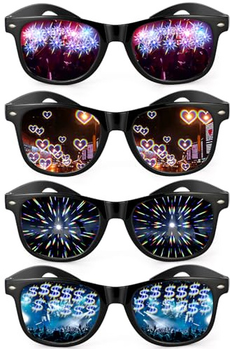 4 st diffraktionsglasögon, 3D-prisma regnbåge hjärta stjärna dollar effekt med svarta ramar, brytningsglasögon ljusdiffraktionsglasögon rave glasögon män kvinnor för Edm konsert fest klubb rave