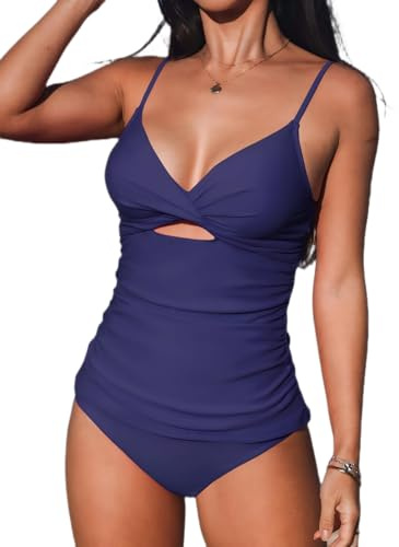 CUPSHE Tankini-set för kvinnor V-hals utskuren rynkad baksida krok framsjal mitten stigning vändbar botten tvådelad baddräkt badkläder, Mörklila / Svart, M