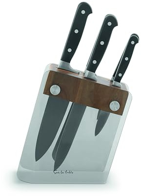 Sur La Table Core 5Pc Knife Set with Block Including Carving, Chefs, Bread, Utility and Paring Knives, High Grade Stainless Steel Blades, Opaque Grey Block with Acacia Wood Accents, SLT851055