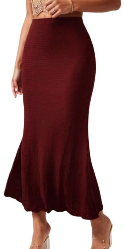 Ausing Women's High Waisted Long Skirt for Women UK Ladies Elastic Elasticated Waist Midi Skirts Womens Mermaid Maxi Fishtail Skirts Irregular Hem Pencil Skort Hobble Tube Half Dress Wine Red M