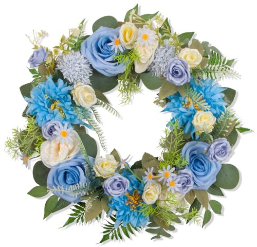 50 cm Dekorativer Kranz, Frühlingstürkranz, Künstlicher Blumenkranz, Handgefertigter Kranz für Außentürkranz, Innenaußenkranz für Haustür, Künstlicher Dekorativer (Blau)