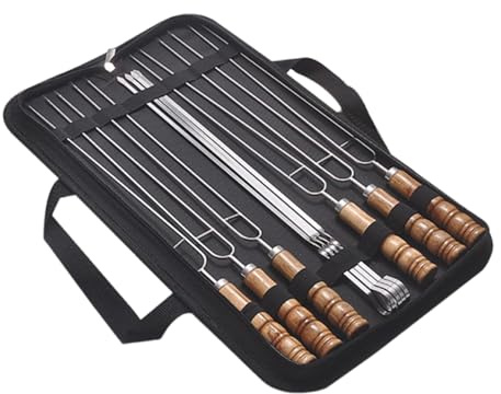 Lot de 10 brochettes en métal pour barbecue, en acier inoxydable, avec poignées en bois, réutilisables, en acier inoxydable, ustensiles de barbecue pour saucisses, viande de poulet