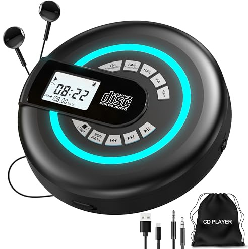 Greadio Portable CD Player with Bluetooth 5.3, Discman CD Player | Built-in Speakers, 2000mAh Rechargeable Battery, Compatible FM Transmitter, Anti-Skip, AUX, USB, RGB Light for Car