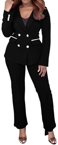 Women's 2 Piece Suits Business Casual Outfits Double Breasted Blazer Pantsuits Professional Work Set Black L