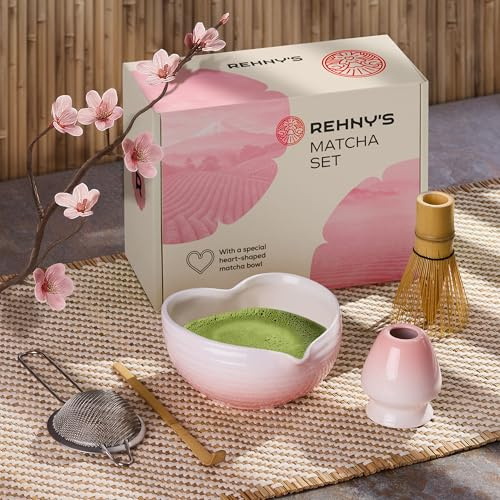 Rehny’s Matcha Whisk Set | Complete Pink Matcha Set w/Heart-Shaped Bowl, Bamboo Whisk, Holder, Stainless Steel Sifter, Bamboo Scoop | Cute Gift Present Macha Kit Handmade Bowl | Macha Powder Tea Kit